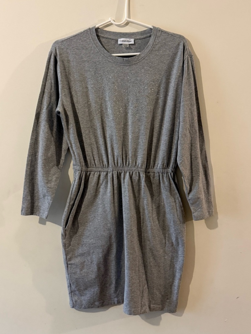 Calvin Klein Heather Gray Crewneck Sweater Dress with Rhinestone Detail